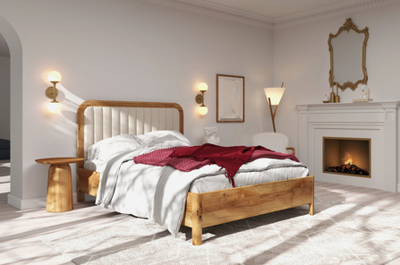 Tapicerowane łóżko drewniane dębowe Visby MODENA z wysokim zagłówkiem