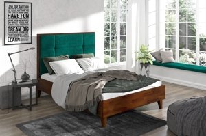 Tapicerowane łóżko drewniane sosnowe Visby FRIDA z wysokim zagłówkiem